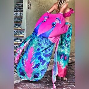 Pink Peacock Luxury Two Piece Set Chiffon Kimono Duster Kaftan Swimsuit Coverup.
